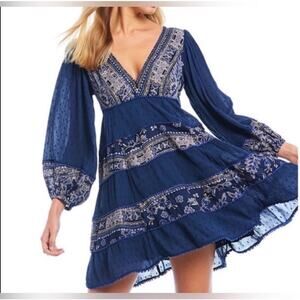 Free People Indigo Boho My Love Long Sleeve Mini Dress XS